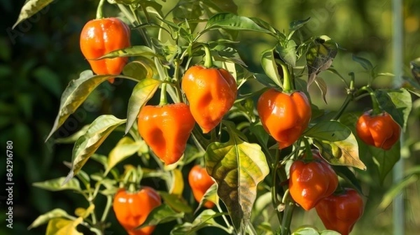 Obraz Fresh Cayenne Peppers on Bush Ready for Harvest  Vibrant Red Harvest