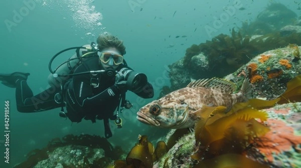 Fototapeta A diver photographing an endangered fish species in its natural habitat, promoting awareness and conservation, in a delicate and respectful scene. 