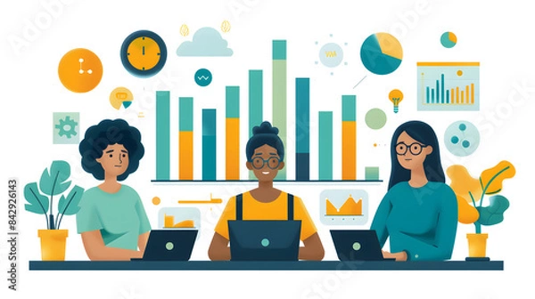 Fototapeta Illustration of a diverse team working on laptops, analyzing data with various charts and graphs in a collaborative environment
