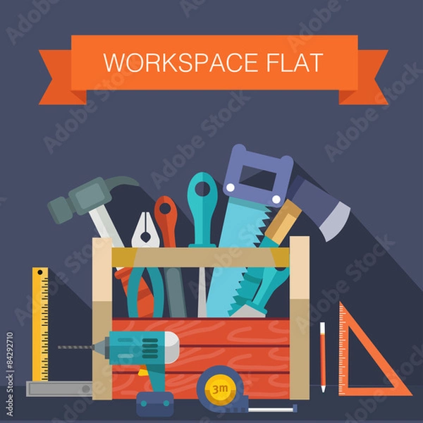 Fototapeta Workspace carpenter tools trendy flat icon, on wood background vector stock
