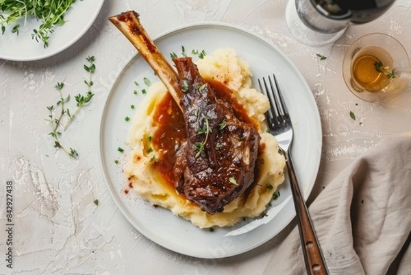 Fototapeta A Delectable Braised Lamb Shank Served With Creamy Mashed Potatoes
