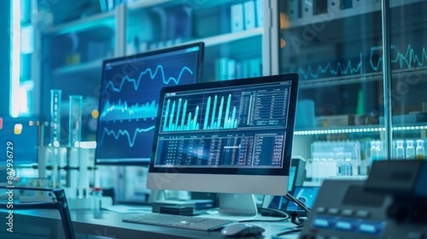 Fototapeta Bar chart depicting climate change data on a scientist's computer screen in a research lab