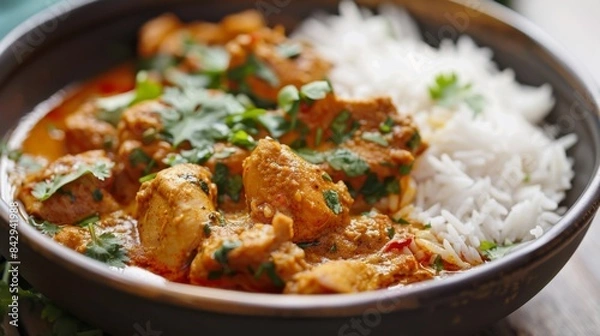 Fototapeta Close-up of a bowl of piping hot Indian chicken curry (murg curry) served with basmati rice