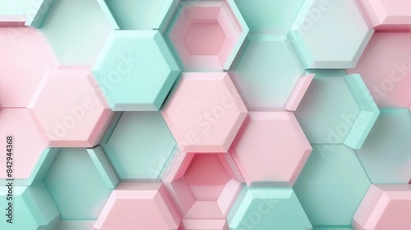 Fototapeta Interlocking hexagons in an elegant pastel 3D geometric design, light turquoise and blush pink, smooth and seamless, high definition. 3D geometric pattern