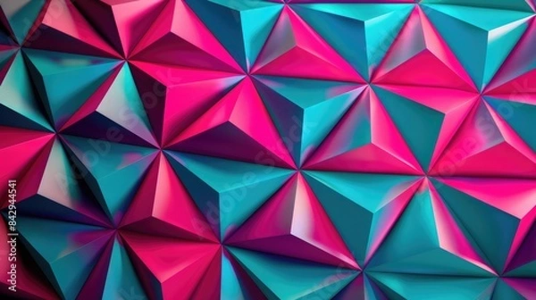 Fototapeta Vibrant 3D geometric pattern with interlocking triangles, bold neon pink and electric blue, high contrast, high resolution. 3D geometric pattern