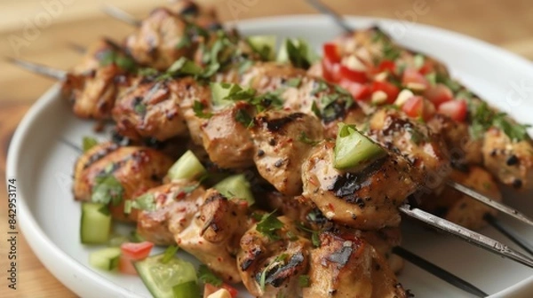 Fototapeta Close-up of a plate of Thai chicken satay skewers with peanut sauce and cucumber relish