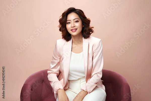 Obraz Confident attractive stylish Asian woman dressed in luxurious fabric sitting on white bench