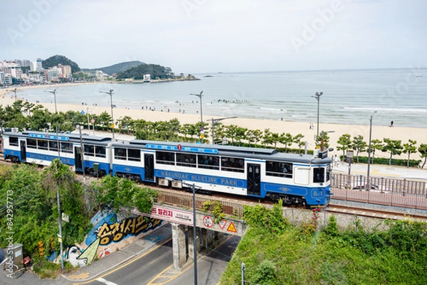 Obraz 釜山　ソンジョン ビーチ 　松亭海水浴場と列車