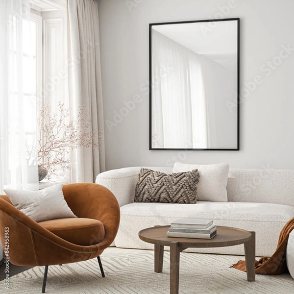 Fototapeta Frame mockup, ISO A paper size. Living room wall poster mockup. Interior mockup with house background. Modern interior design. 3D render

