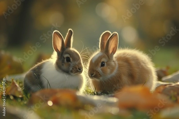 Fototapeta Two cute rabbits hugging in the middle of an empty field, with a warm background and beige tones. There is a natural light bokeh effect and natural lighting, and the overall mood is happy and joyful.