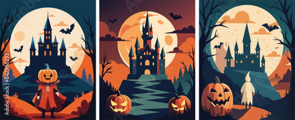 Fototapeta Happy Halloween. Vector illustrations of costume party, pumpkin, pattern.