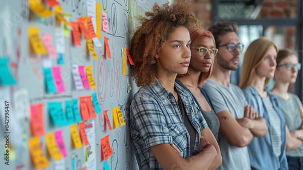 Obraz A creative brainstorming session with sticky notes on a whiteboard.