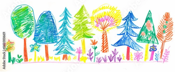 Fototapeta childs crayon drawing of trees, scribble marks and pencil marks visible on white paper background