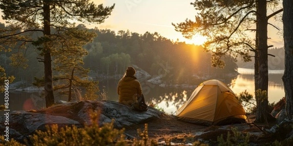 Fototapeta Peaceful camping morning with solitary person near yellow tent, backdropped by golden sunrise, evergreen trees, & tranquil lakeside view.