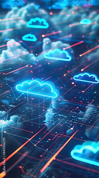 Obraz luminous cloud icons connect on digital blue landscape tech security concept. generative ai