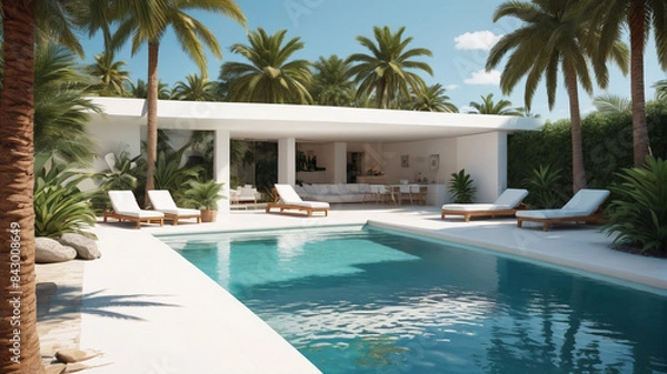 Fototapeta Summer Haven Banner: Discover Your Haven of Relaxation with a Stunning Pool Scene Highlighting a Palm Tree and White Structure, Generative AI