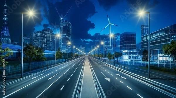 Fototapeta A city street lit by high-efficiency LED streetlights powered by integrated solar panels and wind turbines, emphasizing energy autonomy.