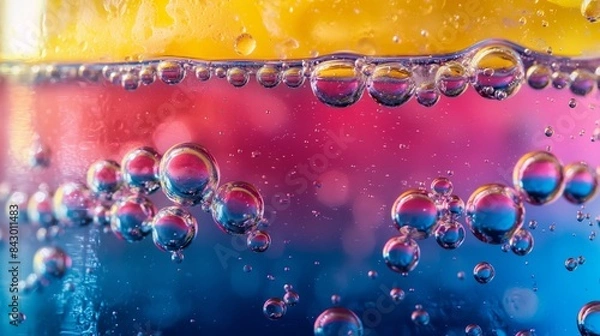 Fototapeta A close-up image of a fizzy drink with bubbles rising through layers of colorful liquids, showing a gradient from deep blue at the bottom to a vibrant pink at the top.