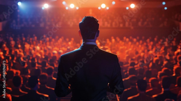 Fototapeta Man speaking to a focused audience from behind in a conference hall