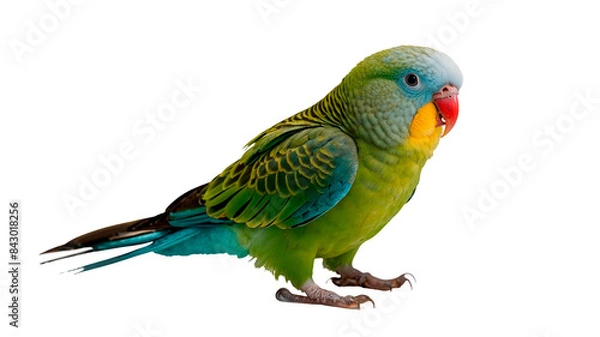 Obraz A green and blue Parakeet parrot is standing on a transparent background
