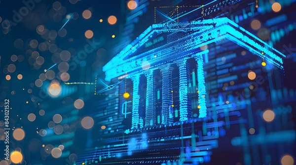 Obraz blue digital bank icon on backdrop symbolizes modern finance. generative ai