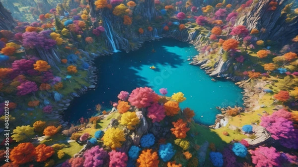 Fototapeta Enchanted Vista: Majestic Aerial Shot of Enchanted Wonderland, Colorful Wonders, Generative AI