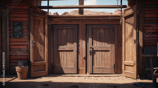 Fototapeta The old saloon doors swing open, revealing a rugged gunslinger ready for a showdown, Generative AI