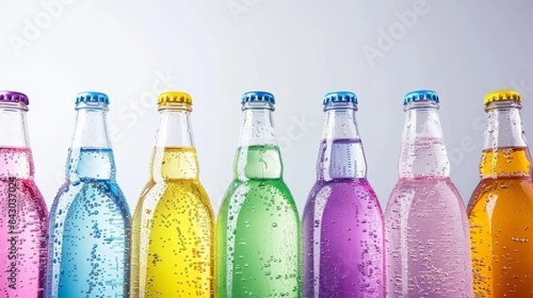 Fototapeta Assortment of sparkling and still water bottles in vibrant studio closeup.