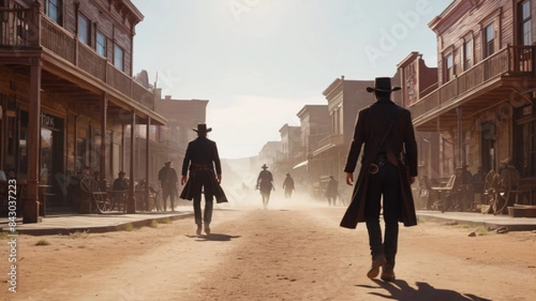Fototapeta The dusty main street comes alive with a tense duel at high noon, showcasing the iconic bravery of the Wild West, Generative AI