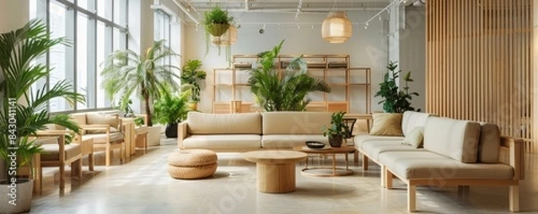 Fototapeta Modern, sustainably crafted furniture set with wood and greenery in minimalist eco-friendly space
