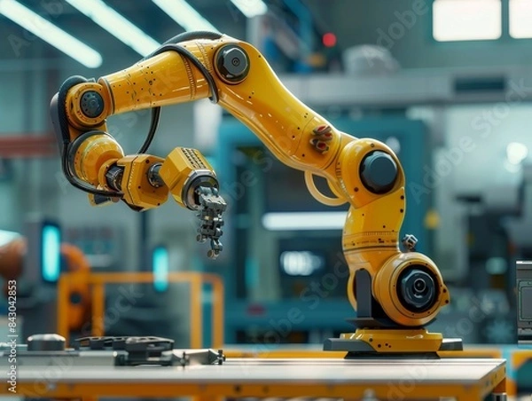 Fototapeta Smart industry robot arm demonstrates Industry 4.0 automation through IoT software-managed operations in a digital factory.