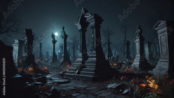 Fototapeta The eerie graveyard comes alive as the undead rise from their tombs, their decaying bodies lurching towards any sign of life, Generative AI