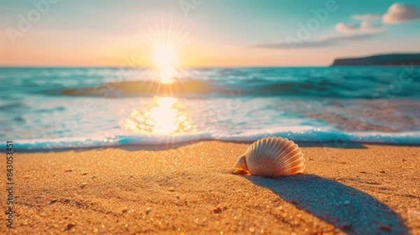 Fototapeta  A seashell on a sandy beach, sun rising over the ocean distance Ocean in the foreground Horizon line at the distance