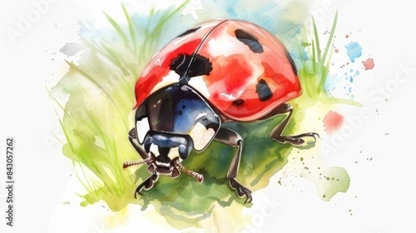 Fototapeta A watercolor painting of a ladybug on a green leaf. The ladybug has a red back with black spots and black head with two black eyes.