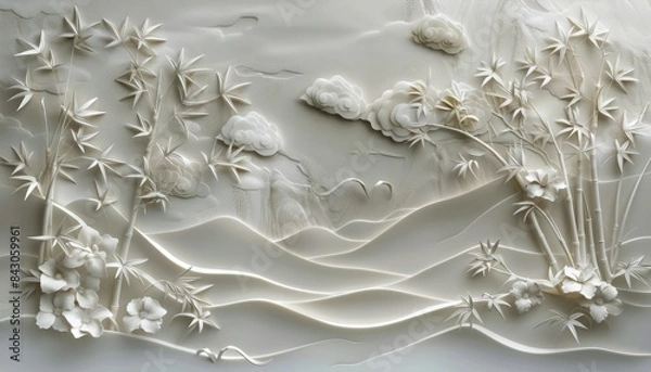 Obraz White Paper Cutout Artwork of Bamboo, Mountains, and Clouds