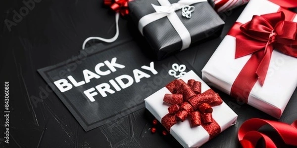 Fototapeta Top view of Black Friday themed gift boxes with red and black ribbons on a black background. Includes a black and red envelope, a red bauble, and a large red ribbon bow