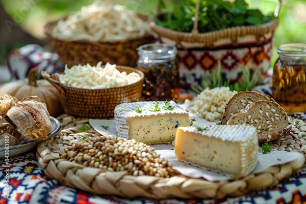 Fototapeta Restoration Day (Latvia). A cozy outdoor picnic setting with a table covered in traditional Latvian foods like jāņi cheese, rye bread, and aromatic herbal teas.
