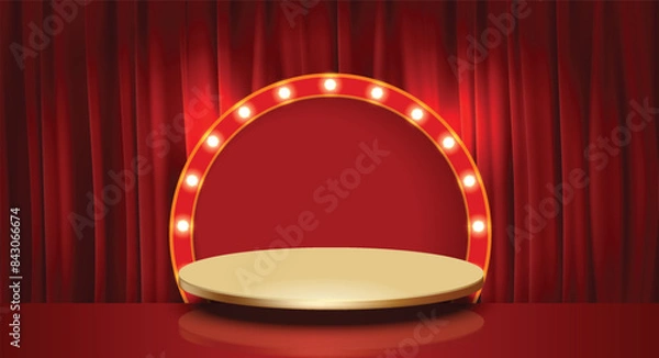 Obraz vector abstract 3d shape rendering for product placement with modern gold round base copy space with  with lights around the frame and a red curtain background