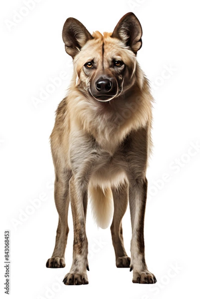 Fototapeta A Striking Pose: A Spotted African Wild Dog Stands Tall Against a White Background