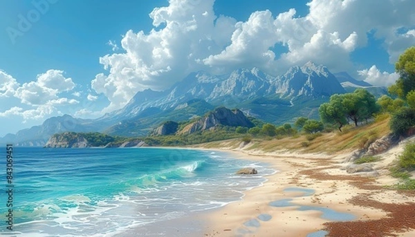 Obraz Beautiful landscape of the sea and cumulus clouds , sea flight day