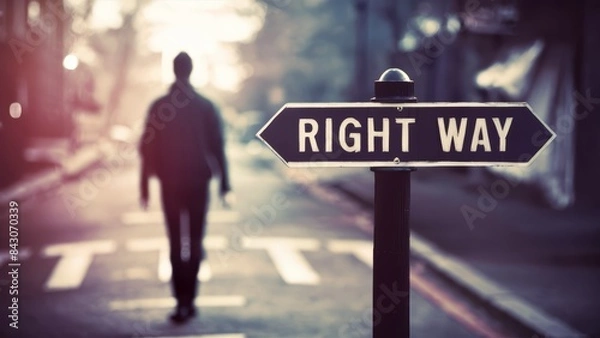 Fototapeta A person walking down a street with the word "right" on it, AI