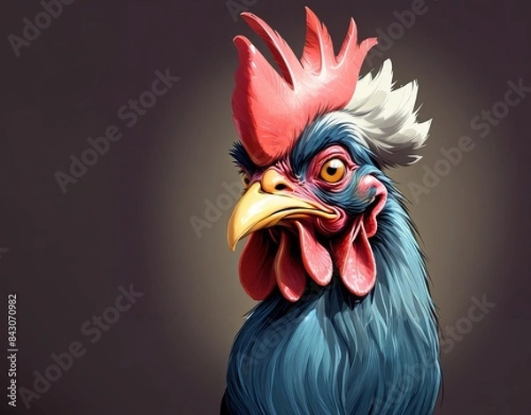 Fototapeta Raging Rooster. The bird's proud posture, intense eyes and striking red, white and blue crest exude strength, energy and a bold fighting spirit. Generative AI. The regal rooster is ideal for poultry