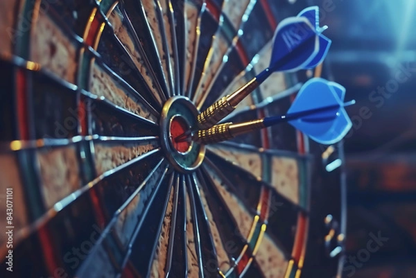 Fototapeta A dart precisely hitting the middle of a target, symbolizing accuracy and success in achieving goals.