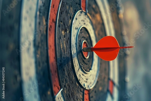 Obraz A dart precisely hitting the middle of a target, symbolizing accuracy and success in achieving goals.