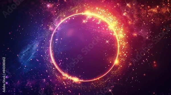 Fototapeta Christmas Circle Frame. Modern Neon Light Round Frame with Sparkling Stars