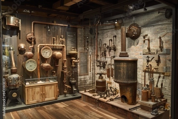 Fototapeta Educational Display of Plumbing Tools Evolution at Museum Exhibit - Ancient to Modern Techniques