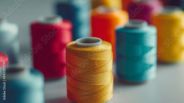 Fototapeta Colorful spools of thread rest on a plain white surface, ready to sew.