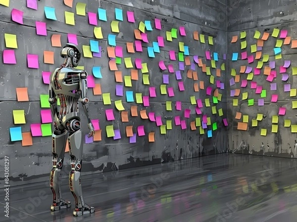 Fototapeta AI-Generated image of A robot stands in front of a wall covered in colorful sticky notes. The robot appears to be looking at the wall
