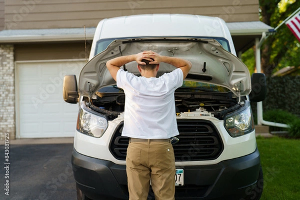 Fototapeta Stressed man having trouble with his broken car looking in frustration at failed engine
