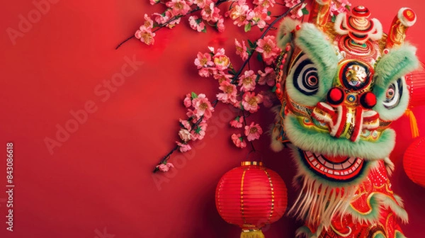 Fototapeta Festive banner with chinese lantern lion and cherry blossom on red background